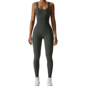 Women’s Yoga Ribbed Spandex Nylon One Piece Tank Tops Rompers Sleeveless Workout Bodysuits Exercise Jumpsuits Quick Dry