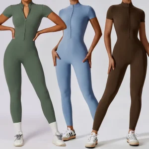 Women’s Yoga Rompers One Piece Tummy Control Jumpsuit Short Sleeves Front Zipper Bodysuit Activewear Casual Jumpsuits