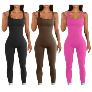Women’s Yoga Seamless Ribbed One Piece Tank Tops Rompers Sleeveless Exercise Jumpsuits Sport Jumpsuits