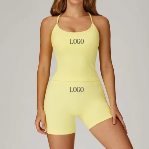 Women’s Yoga Set Quick Drying Vest Shorts & Elastic Leggings Seamless Fitness Sports with Customizable Logo Waist Solid Pattern