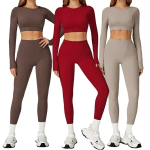 Women’s Yoga Set for Fall Winter Two Piece Stretch Tights with Long Sleeves and High Waisted Nude Feel Leggings