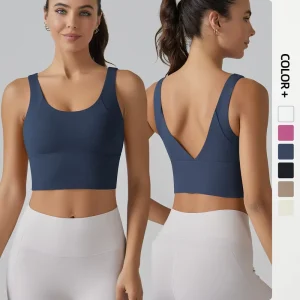 Women’s Yoga Sports Bra Backless Fitness Tank Top High Support Breathable Crisscross Straps Wide Hem Removable Pads Gym Bra