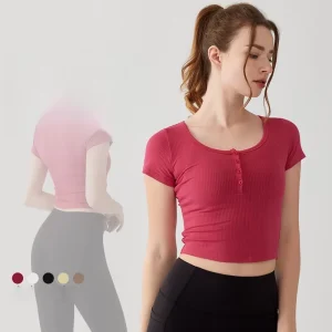 Women’s Yoga Sports Short Sleeve Buttoned Top with Shorts Sleeves for Gym Workouts