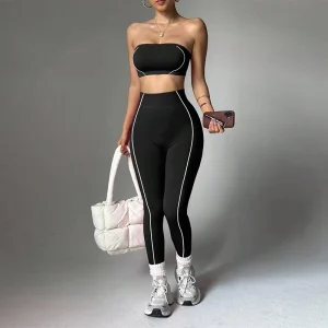 Women’s Yoga Suit Bandeau Top Sleeveless Slim Fit Nylon High Waist Scrunch Butt Pull On Leggings