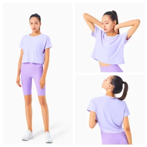 Women’s Yoga Wear Solid Color Soft Short-Sleeve T-Shirt Loose Hem Design Athletic Cropped Top Relaxed Fit Sports T-Shirt for Gym