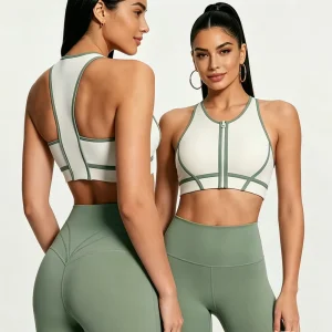 Women’s Zip Front Sports Bra Eco-Friendly Four-Way Stretch Padded Sports Bra & High-Waisted Leggings 2-Piece Set