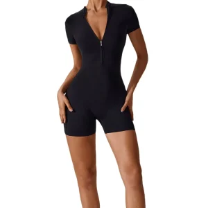 Women’s Zip Up Short Sleeve Romper One Piece Jumpsuit Tummy Control Bodysuit Quick Dry Breathable Slimming for Yoga Gym Workout