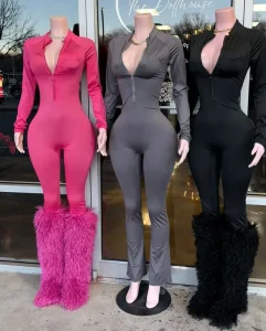 Women’s Zip-Up Yoga Jumpsuit Long Sleeve Solid Color Bodysuit
