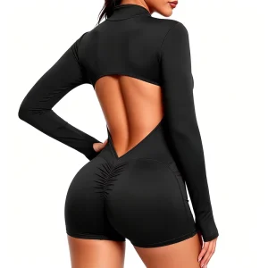 Women’s Zip Workout Jumpsuit Backless Gym Romper Long Sleeve Pocket One Piece Bodysuit Yoga Athletic Quick Dry Breathable