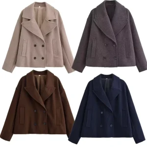 Women’s autumn new casual fashion temperament lapel double breasted coat retro women’s long sleeved chic woolen coat