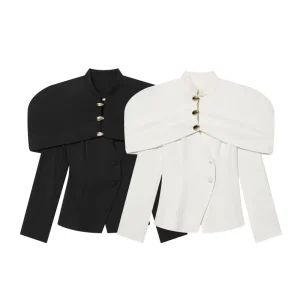 Women’s casual fashion shawl decorated with exquisite buttons suit jacket retro long sleeve waist suit