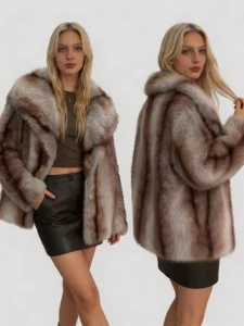 Women’s fox Fur Texture Loose fit Round neck Warm and Casual Fashionable Mid length Coat
