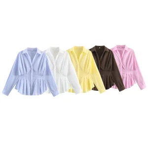 Women’s new casual fashion temperament lapel single breasted shirt retro women’s chic long sleeved waist shirt