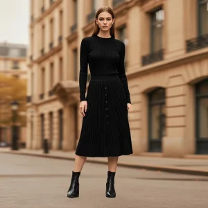 Wool Blend Knitted Pleated Knee Length Skirt High Waist Casual Office Autumn Winter Midi Casual Daily Skirts
