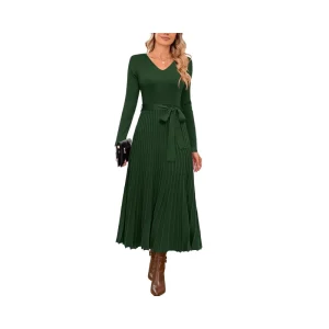 Wool Blended Tie Waist Fold Autumn Sweater Dress Women’s Long Sleeve Knitted