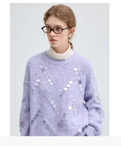 Wool Knitwear Women’s Fall Winter Sequin Design Wool Slouchy Pop Sweater