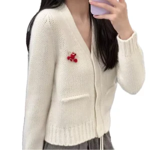 Wool Winter Vintage Style Women’s V Neck Long Sleeve Cardigan Sweater Breathable Comfortable Casual Knit Solid Color Front