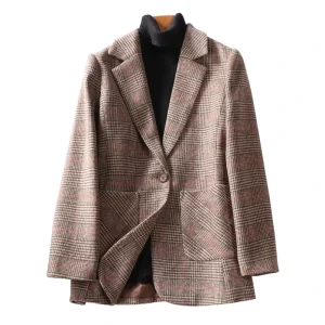 Woolen Cloth Woman Winter Plaid Blazers Jacket Ladies Women