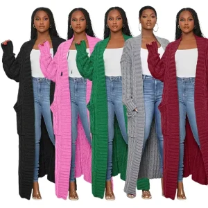 X674 Women’s Fall Sweater Coat Solid Color Long Cardigan Pockets Drop Shoulder Twist Knitted Design Winter