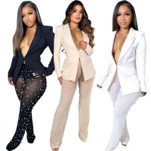 XH1268 Women’s Business Suit Beaded Mesh Straight Leg Two Piece Set