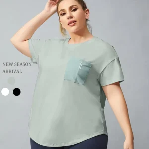 XL-4XL Large Sizing Short Sleeve Sports T-Shirts Front Pocket Curved Bottom Sweat-Wicking Plus Size Women’s T-Shirt
