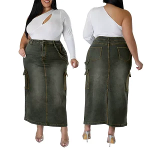 XL-5XL Plus Size Women’s Long Denim Skirt High Waist A-line Jeans Skirt