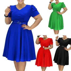 XL Popular European American Plus-Size Women’s Formal Office Dress V-Neck Belt High Waist Regular Fit Stylish Elegant Party Midi