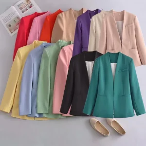 XS L Spring Women’s New Line Coat Solid Color Fashionable Temperament Buttonless Casual Suit Coat Pocket Blazers Ladies Women