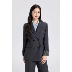 XW1826 Autumn Women’s Breathable Double Breasted Full Sleeve Solid Woven Spandex Polyester Blazer Classic Office Jacket V neck