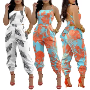 XY1005 Women Summer Jumpsuit Suspender Backless Bowknot Print One Piece Jumpsuits for Women