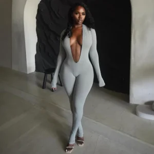 Y00252QC Women’s Solid Color Bodycon Jumpsuit Long Sleeve Butt Lifting Romper Sexy Milk Silk One Piece Jumpsuit for Spring