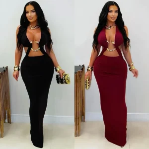 Y0761 Fashionable Women’s Sexy Figure hugging Solid color Lacing Strap Arm length Dress