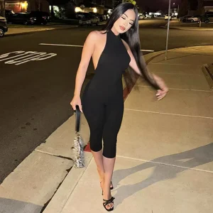 Y0855 Solid Color Sleeveless Hanging Neck Backless Slim Fit Jumpsuit