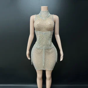 Y2878 Women Sexy Outfits High Neckline Sleeveless Cocktail Dresses Rhinestone Summer Women’s Clothing