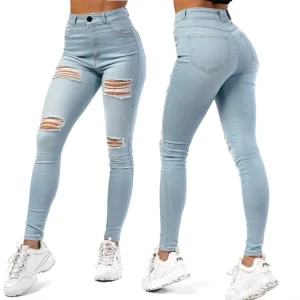 Y2K Breathable Stylish Cute Hip Hop Denim Stretchy High Waist Distressed Blue Washed Rips Skinny Women’s Jeans