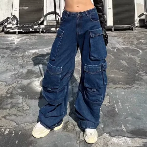 Y2K Women’s Mid Waist Jeans Button Denim Cargo Pants Loose Wide Legs Simple Vintage Multi Pockets