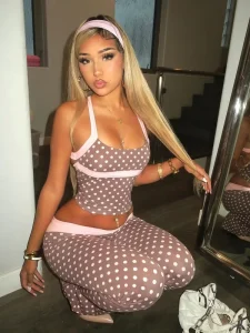 Y2K Women’s Polka Dot 2 Piece Outfit Spaghetti Strap Crop Top High Waist Flare Pants Contrast Trim Casual Loungewear Set