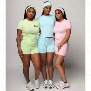Y2K Women’s Summer Loungewear Set Custom Logo Casual Short Sleeve Top Shorts Knitting Fabric Skinny Fit Solid 2 Piece Set