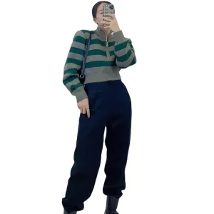 Y2k Crochet Stripe Women’s Clothing Sweater Winter Top Zipper Half High Collar Women’s Sweaters