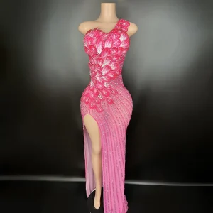 Y3567 Women’s Clothing Woman Dress Sexy Evening High Slit Flower Dress Long Hot pink Elegant