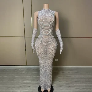 Y3710 Elegant Long Women’s Clothing Luxury French Woman Cocktail Dress Elegant Rhinestone Dress High Quality