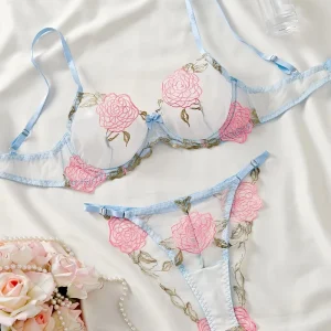 YILIMI Ins Women Sexy Sweet Perspective Two Piece Set Light Blue Embroidery Flowers Sexy Lingerie High grade Women’s Underwear