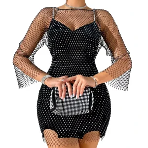 YM034 Autumn Fashion European American Women’s Bodycon Long Sleeve Mesh Dress Sexy Spice Girl Black Fishnet Skirt
