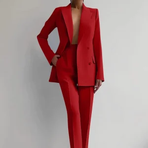 YQ S 2XL Women’s Office Lady Two Piece Suit Set Blazer and Pants with Button Breathable Worsted Fabric
