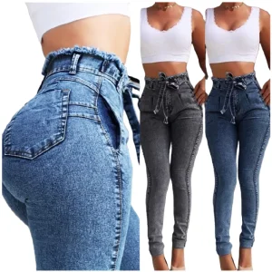 YQY692 Denim Jeans Pants Slim Fit Elastic High Waist Jeans Pants for Women With Tassel Belt