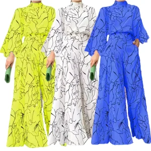YQY9155 Autumn Printed Wide Leg Ladies Jumpsuits High Waist O neck Long Sleeve Jumpsuits One Piece Jumpsuit