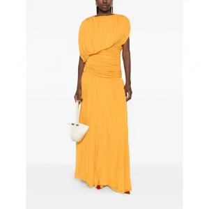 Yellow Pleated Maxi Dress Women Ruched Draped Sleeveless Elegant Casual Summer Dress High Waist Elastic Belt