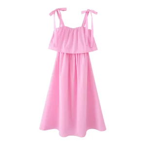 ZEVITY New ZA Women’s Fashion Sweet Pink Color Bow Tied Strap Casual Midi Dress Lady Elastic Waist Robe Mujer