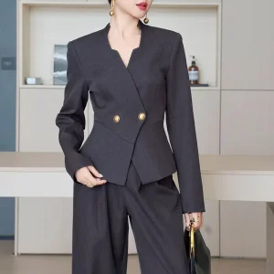 ZYHT 35363 Women’s Elegant Solid Woven Charcoal Gray Double-Breasted Blazer with Anti-Wrinkle Gold Buttons and Asymmetric Lapel