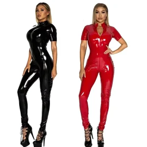 Zipper Open Crotch Nightclub Women’s Catsuit Short Sleeve Lingerie Bodysuits Leather Rompers Jumpsuit